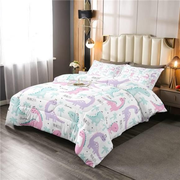 Dinosaur Comforter Set Pink Purple Dinos Bedding Sets for Kids Girls Lovely Cute
